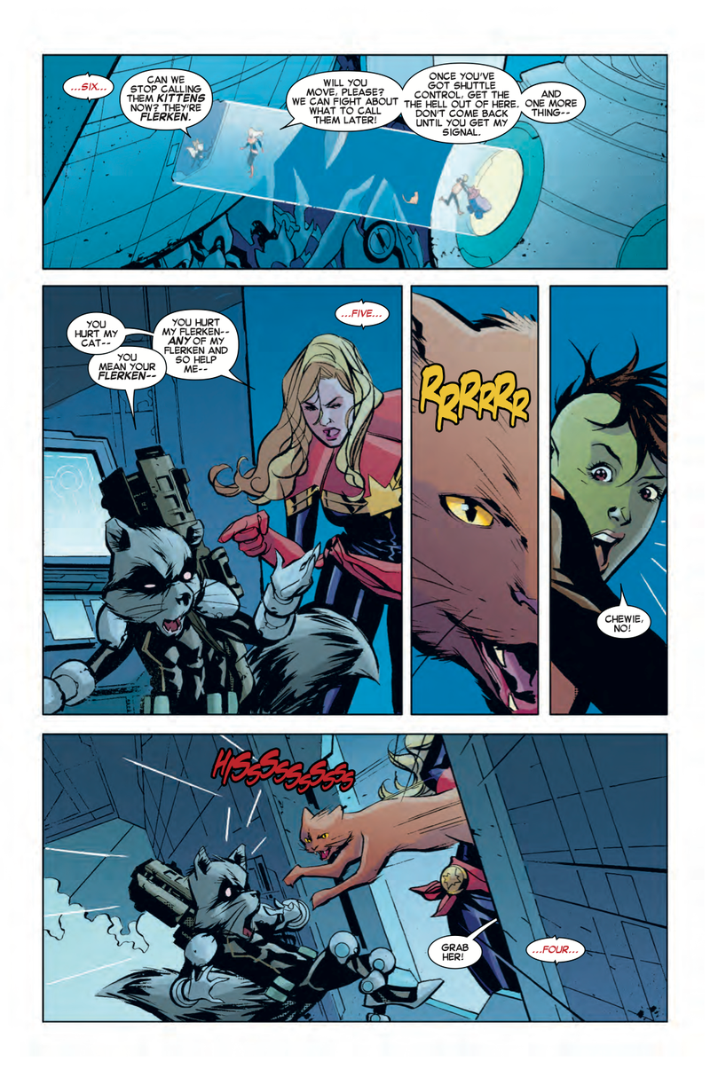 Illustration for article titled Exclusive Marvel preview: Rocket Raccoon visits Captain Marvel #8 to fight alien kittens